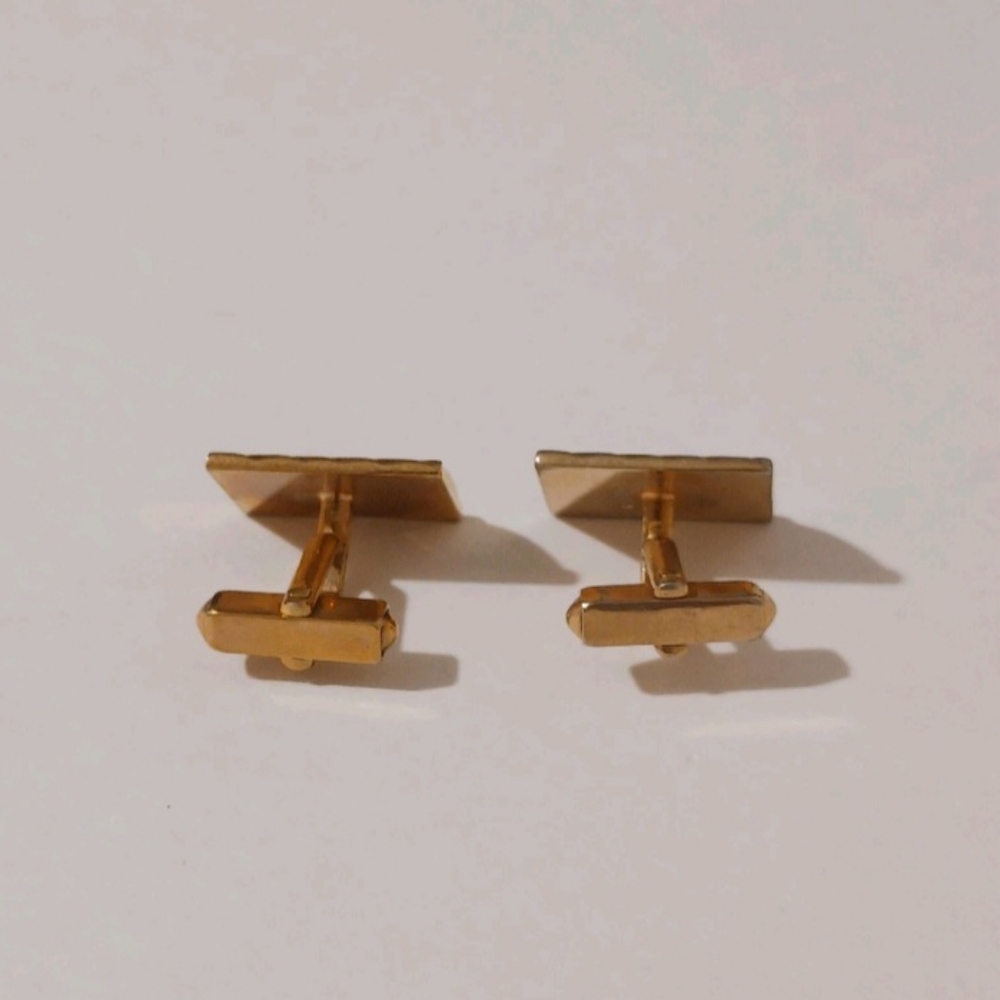 VTG Swank Gold Tone Rectangular Cufflinks Brown Faux Leather Inlay MCM Retro - Picture 4 of 9